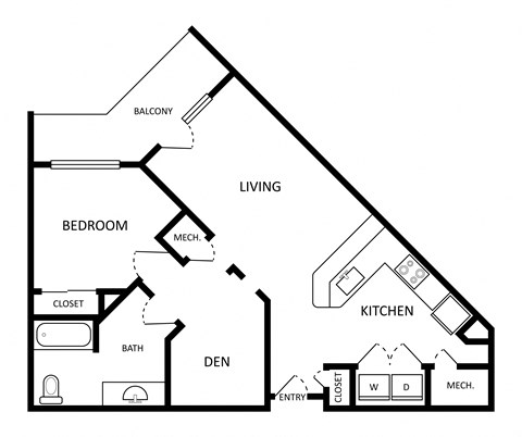 Floor plan for 1 bed, 1 bath, 834 sqft
